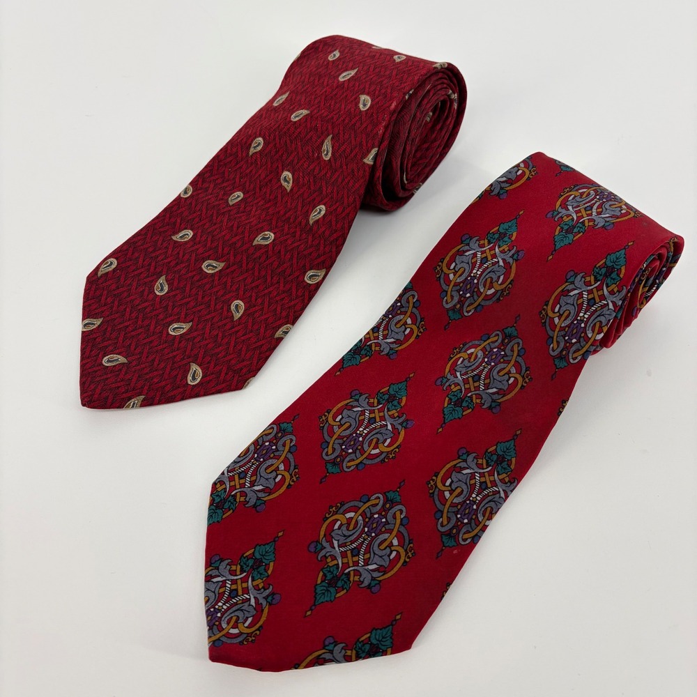 Silk Necktie Set of2 Burgundy Paisley Medallion Italian Vintage